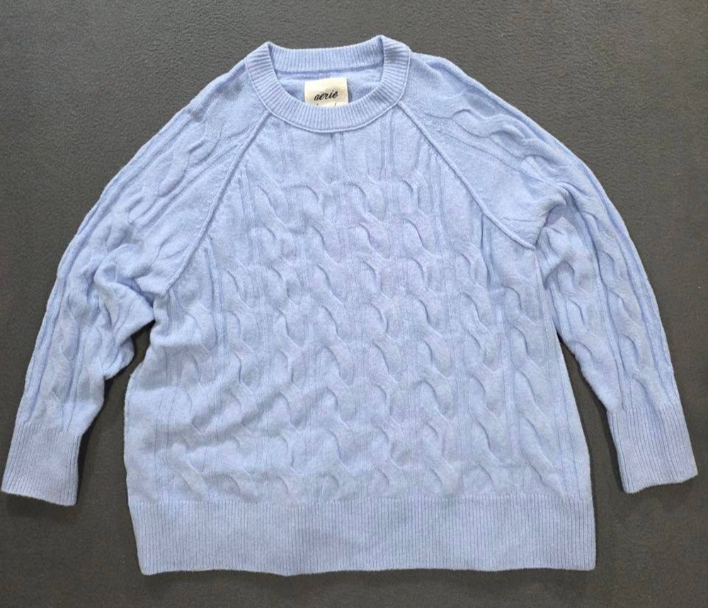 Aerie Cable Knit Sweater Blue Chunky Cozy oversized Pullover Coastal L A010472
